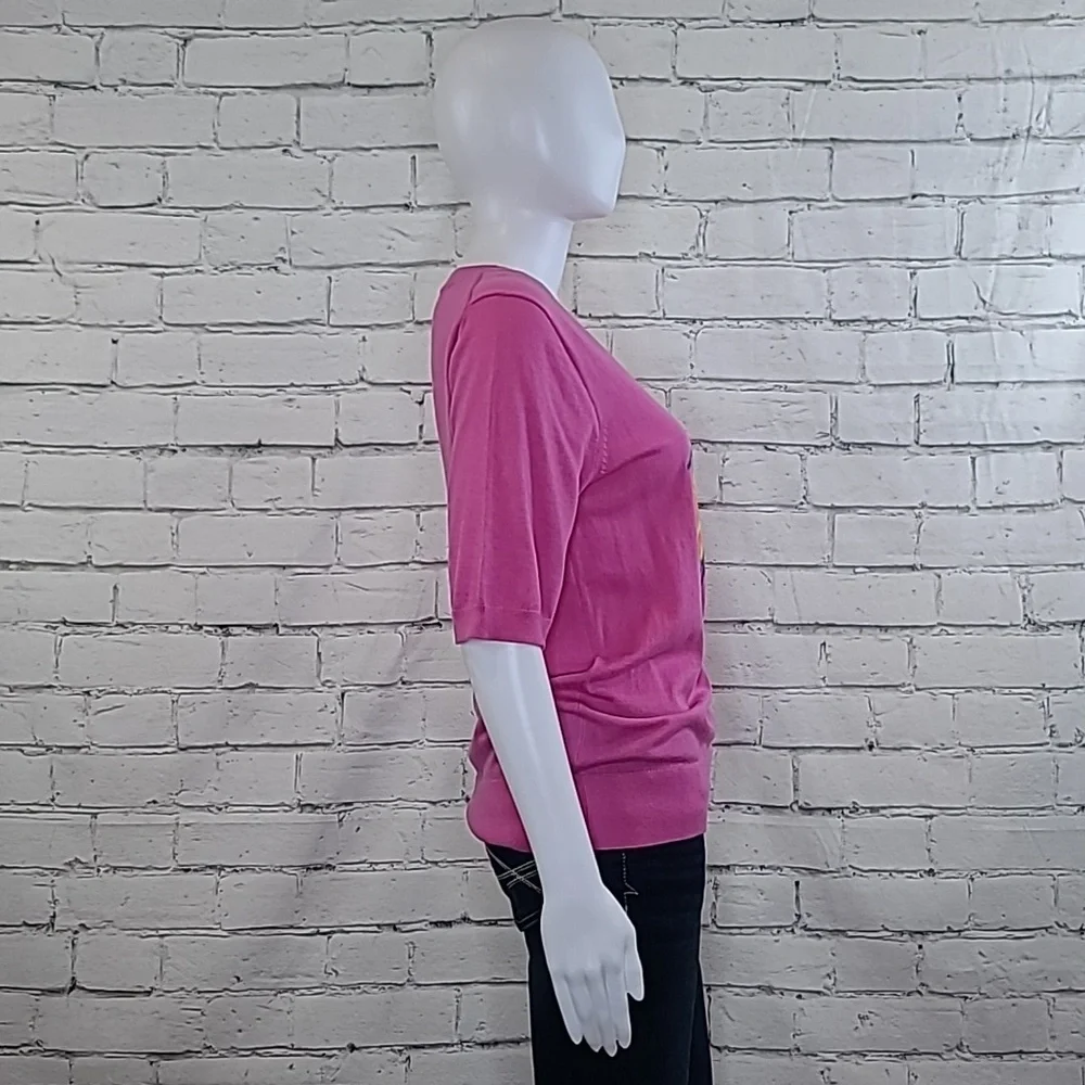 J Crew Merino Wool Blend Embroidered Floral Short-Sleeve Tippi Sweater in Pink